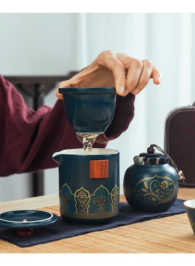 دافئ مجموعة شاي كونغ فو سيراميك زرقاء فاخرة محمولة مع حقيبة جلدية – مجموعة سفر متكاملة للتخييم، اجتماعات العمل والشاي العربي في المملكة العربية السعودية - Image 4